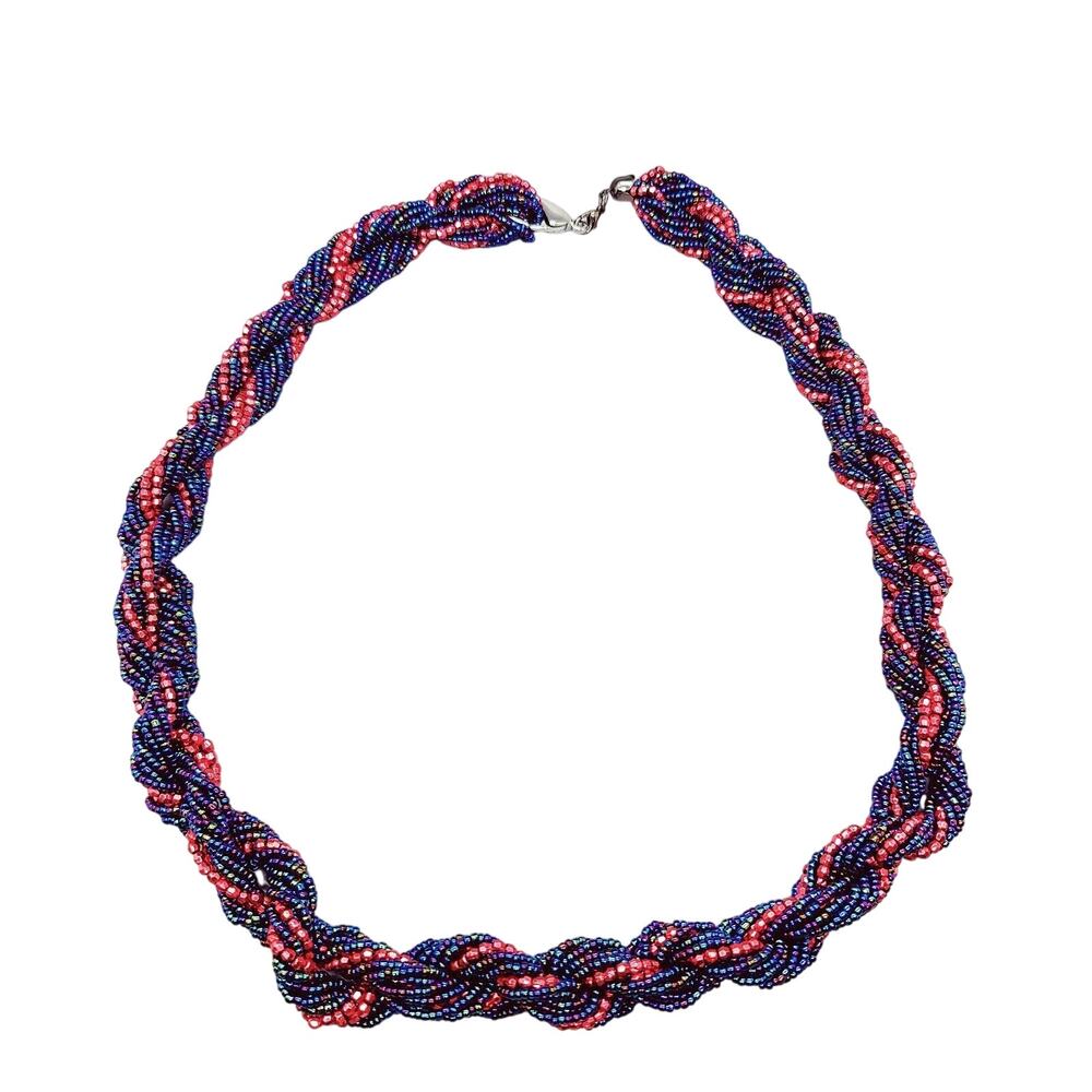 Multicolor Iridescent Braided Seed Bead Statement Necklace Blue‎ Purple Twist